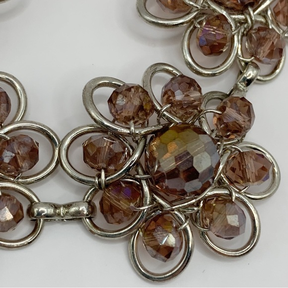 Silver tone open work and iridescent purple glass bead flower link bracelet - Picture 6 of 10